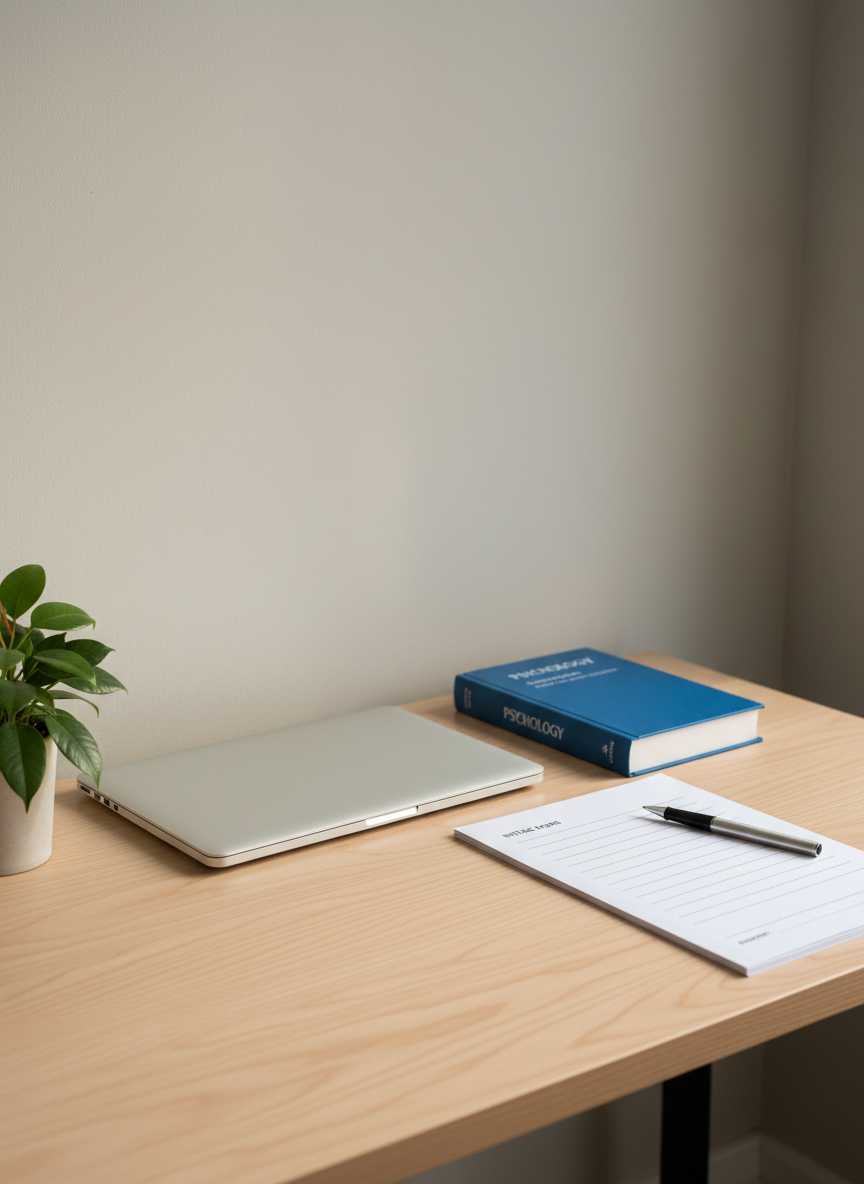 A discrete practitioner’s workspace conveying professional psychological expertise: a tidy birch-wood desk against a light, warm-grey wall, holding a closed stethoscope-free laptop, a thick, closed psychology textbook, and a stack of anonymized intake forms with only blank lines visible. A sleek metal pen lies parallel to the paper edges, and a small potted ficus adds organic texture. Soft, directional daylight from a nearby unseen window creates subtle highlights along the desk’s grain and a clean shadow line on the wall. Photographic realism, slightly elevated angle, clean and modern composition, mood of competence, confidentiality, and organized, evidence-based work.