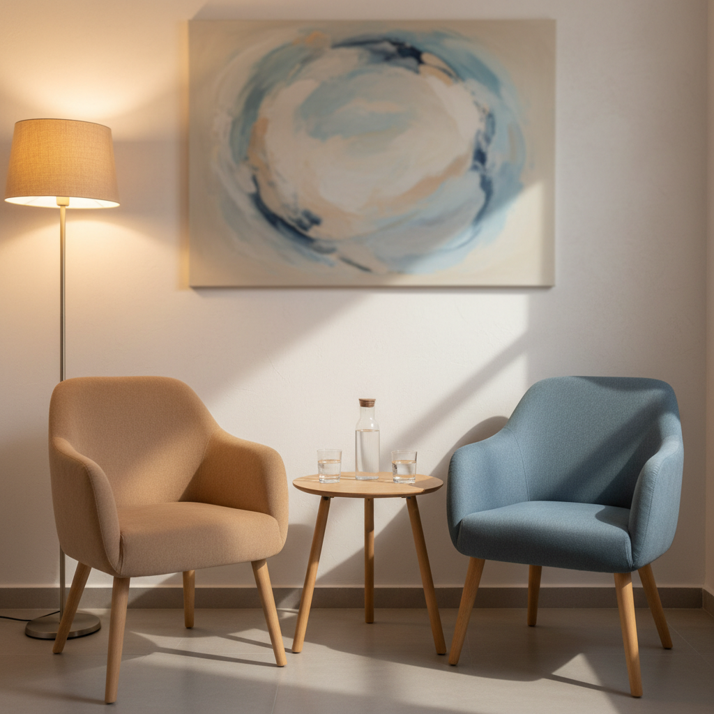 A pair of contemporary armchairs facing each other in a quiet therapy room, captured in photographic realism. One is upholstered in warm sand-colored fabric, the other in muted slate blue, both with smooth wooden legs and a small round ash-wood table between them holding a glass water carafe and two empty tumblers. A softly lit floor lamp with a linen shade stands in the corner, casting warm, indirect light that creates gentle shadows on a pale, textured wall. A large abstract artwork in soothing blues and beiges hangs behind, slightly out of focus. Shot at eye level with a shallow depth of field, conveying trust, dialogue, and emotional safety without any human presence.