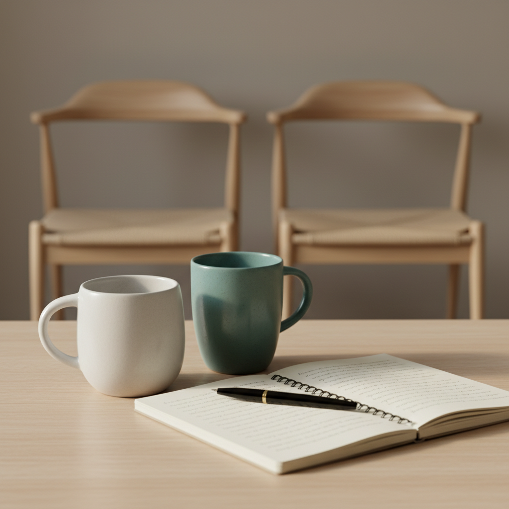 A symbolic representation of couple therapy using objects only: two ceramic mugs in complementary tones, one in soft matte white and the other in muted teal, placed close together on a light wooden table. Between them lies an open notebook with neat, handwritten lines and a fine black pen resting diagonally across the page. In the background, two empty chairs sit side by side against a light taupe wall, slightly blurred. Natural afternoon light falls in from the left, producing a calm, balanced atmosphere with subtle reflections on the mug surfaces. Photographic style, rule-of-thirds composition, mood of connection, reflection, and respectful dialogue.