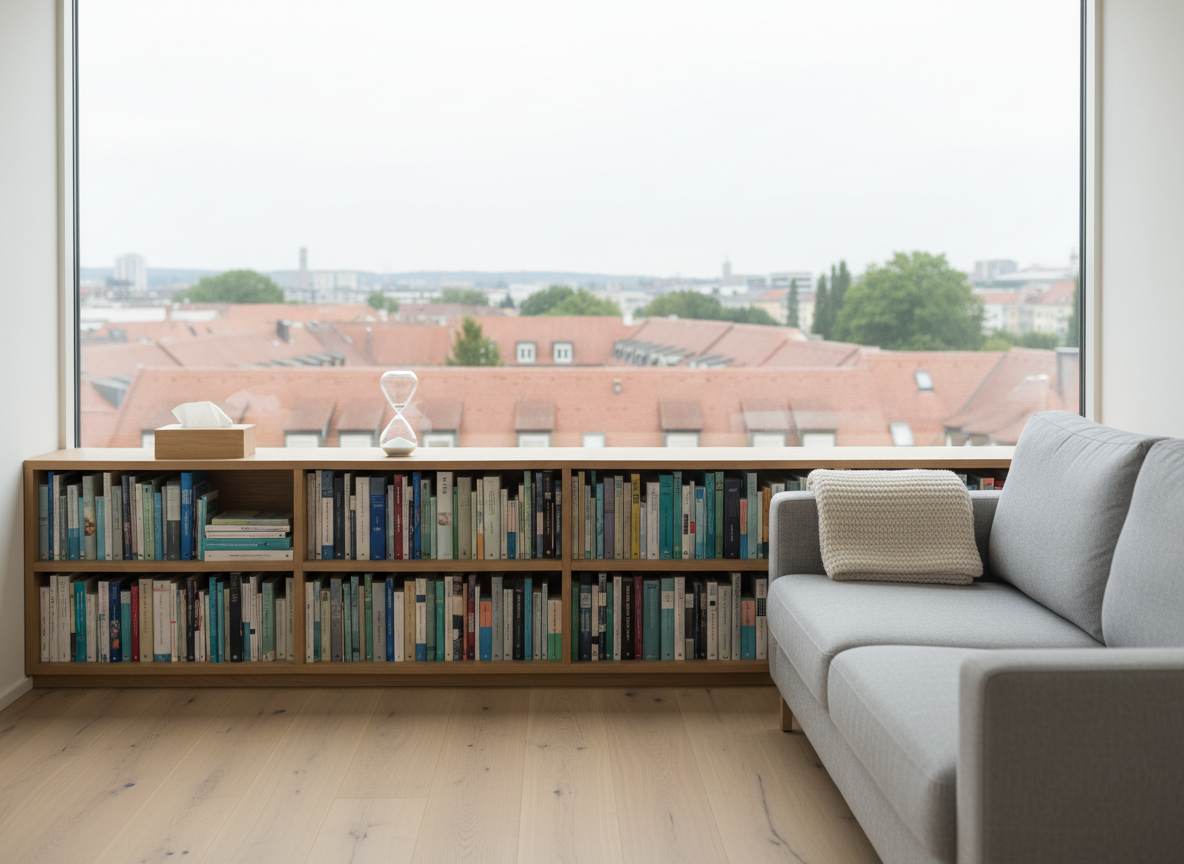 A tranquil psychotherapy space in Munich suggested through design elements: a large window framing a soft-focus view of distant city rooftops and treetops, recognizable as a European urban neighborhood without any identifiable people. Inside, a low bookshelf contains neatly arranged psychology and psychotherapy books with discreet, non-readable spines, alongside a small sand timer and a wooden tissue box. A comfortable, light-grey sofa with a folded wool throw faces the window. Overcast daylight creates soft, shadowless illumination. Photographic realism, wide-angle yet intimate composition, emphasizing structure, professionalism, and a sense of protected retreat above the city’s bustle.