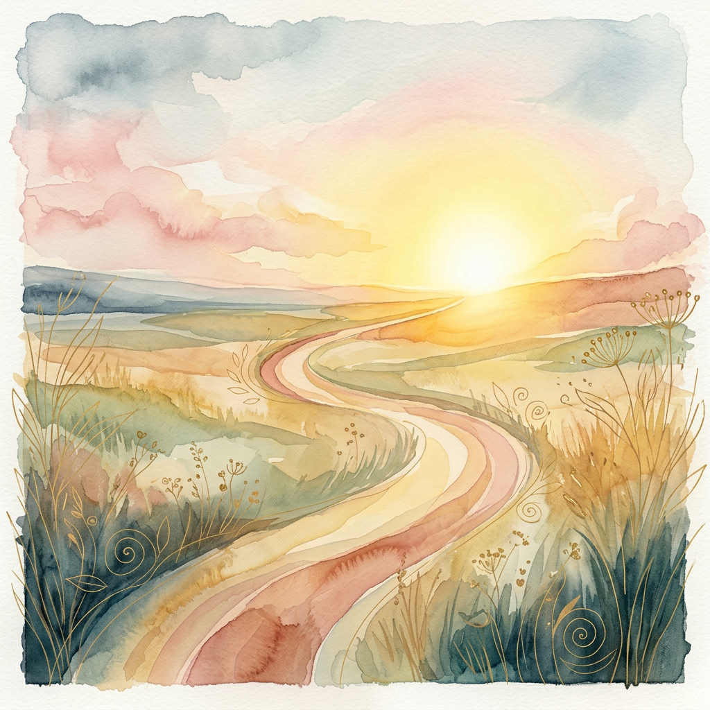 Watercolour of a winding path through a landscape at sunrise