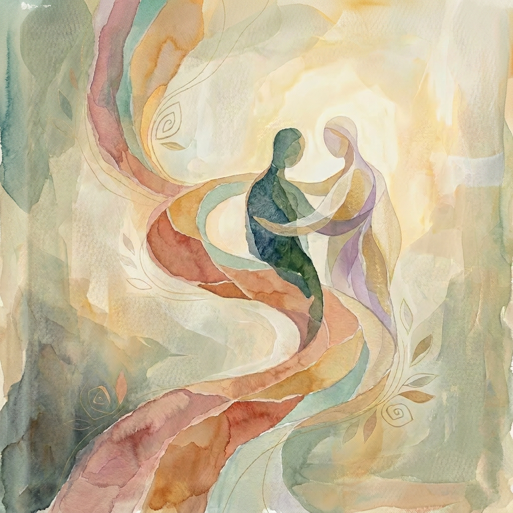 Abstract watercolor painting showing two figures embracing, surrounded by flowing ribbons of color and soft, muted tones.